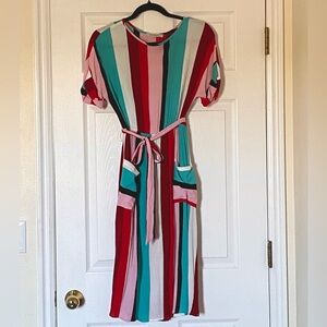 Unique Vintage short-sleeve tie-front striped midi dress, size medium